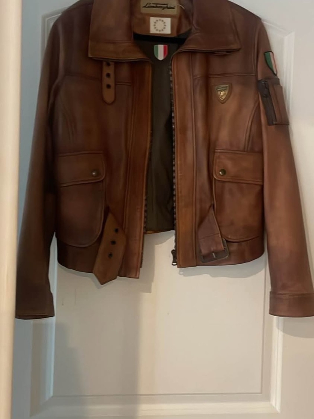 Lamborghini Brown Leather Bomber Jacket with Crest